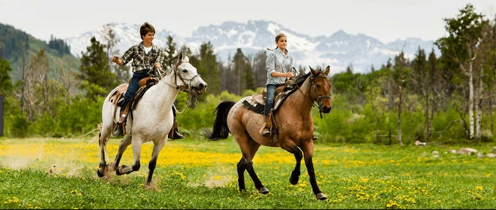 Confident plus-size woman riding Taunton a horse through a field with a smile on her face.